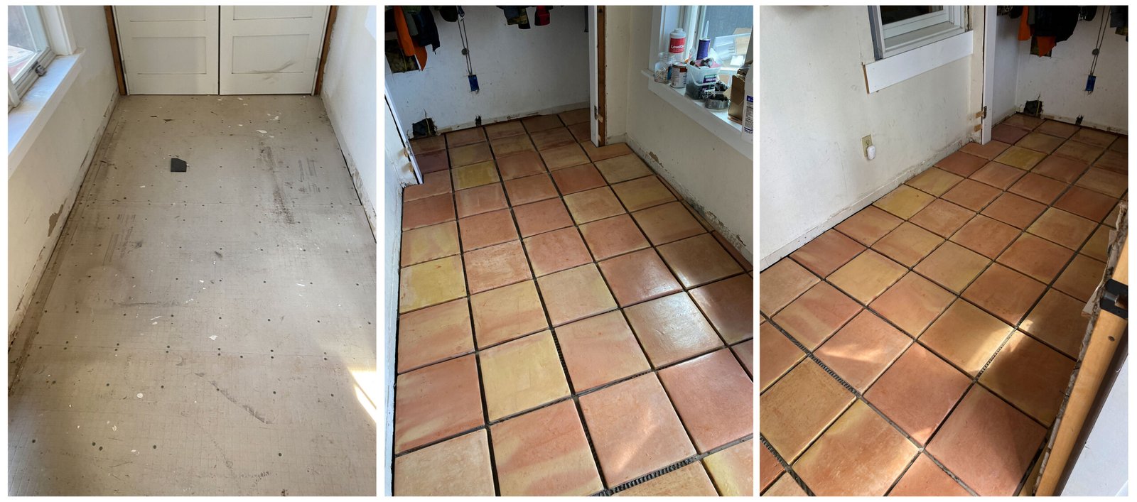 Saltillo tile mudroom floor in Oakland's Laurel District
