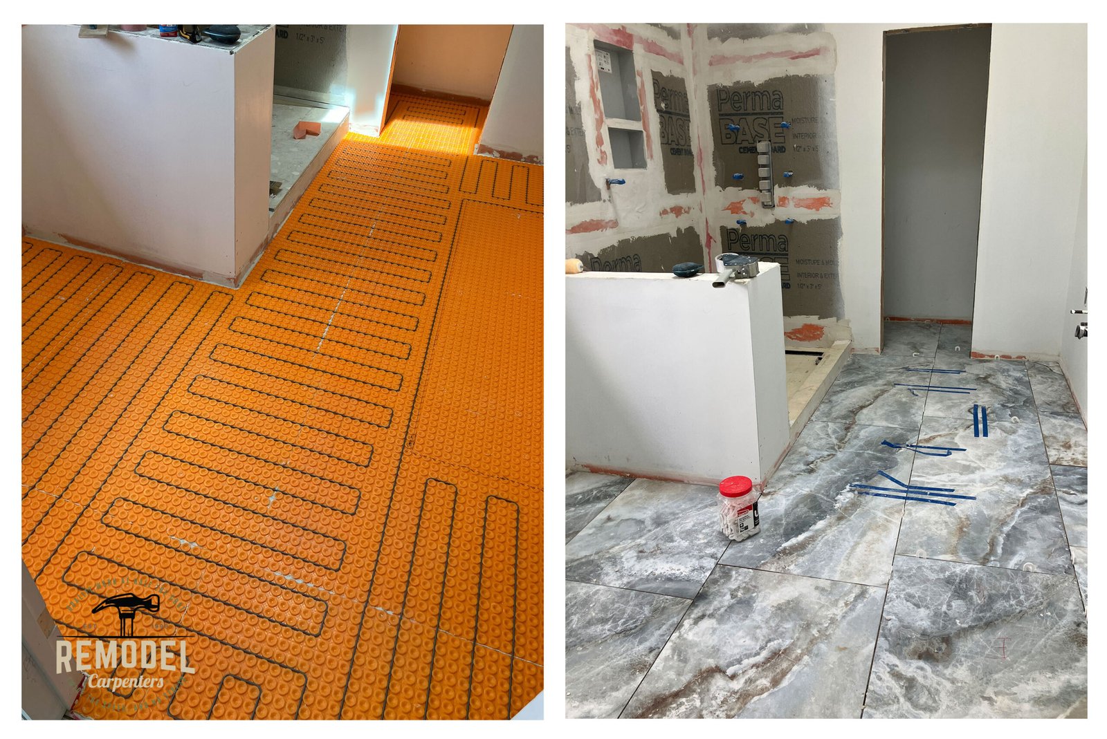 Large-format tile floor, before and after
