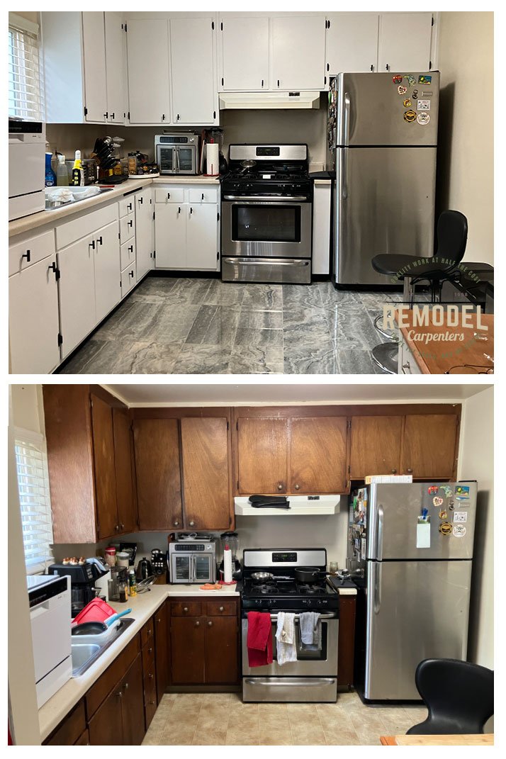 Cabinets and tile, before and after